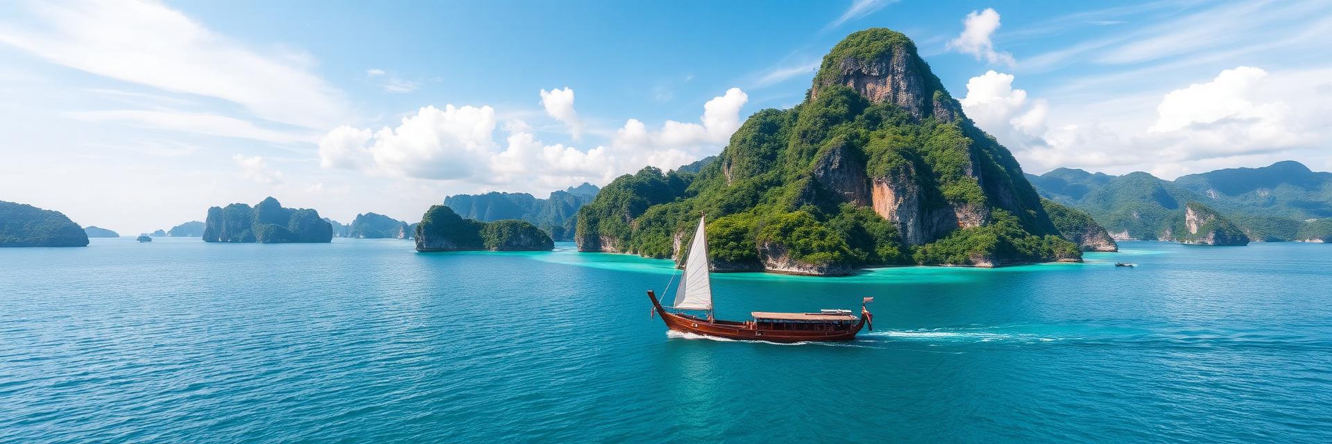 Traditional Indonesian boat among tropical islands