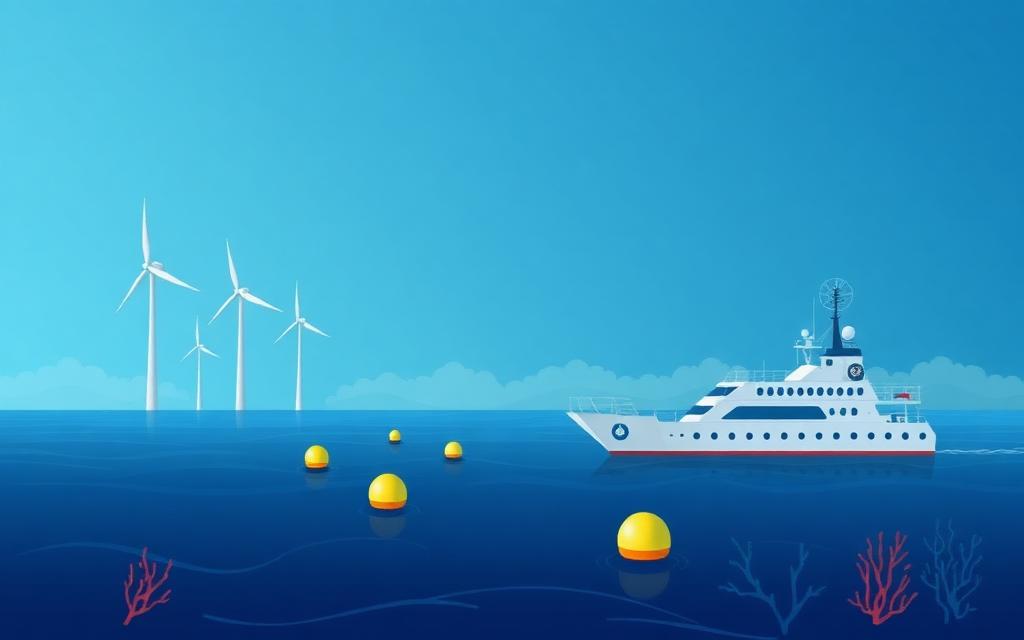 Illustration of offshore wind turbines, a research vessel and monitoring buoys