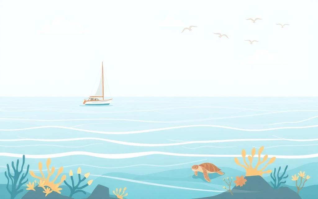 Friendly ocean illustration with a sailboat, coral reef and sea turtle