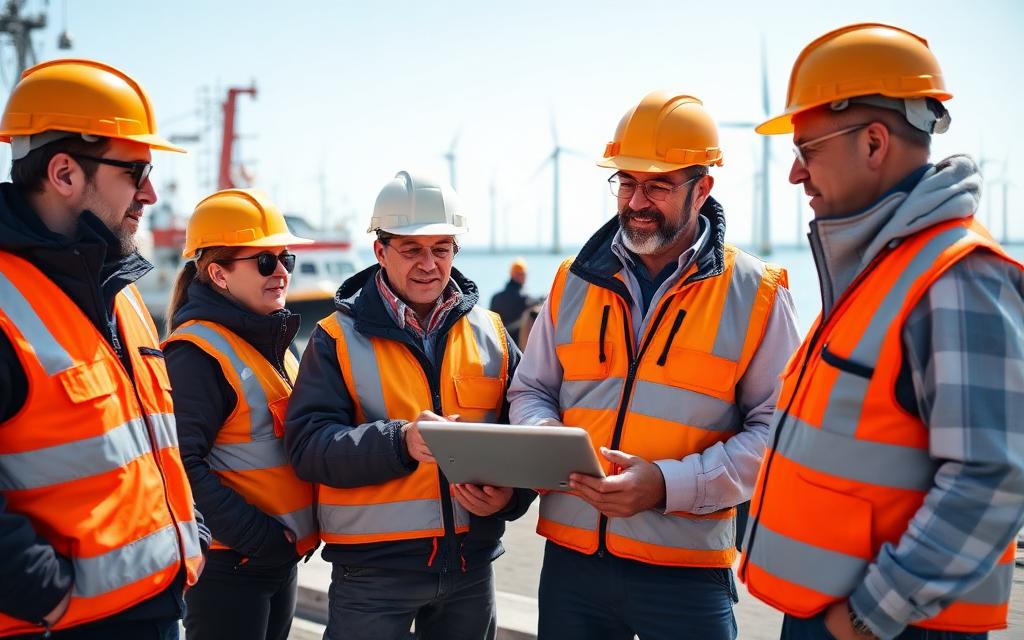 Marine and fisheries professionals reviewing a tablet at a coastal port
