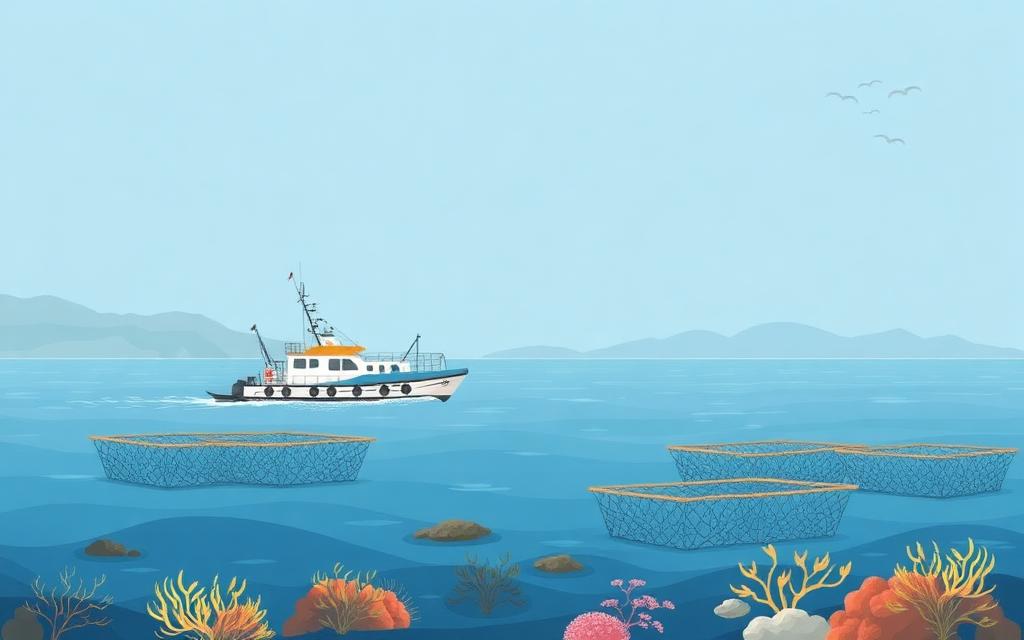 Coastal illustration with a fishing vessel and aquaculture net cages